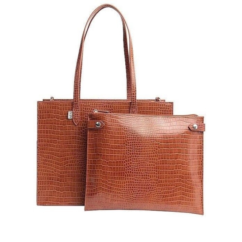 BEIS The Large Work Tote Cognac Brown Croc Embossed Vegan Leather Laptop New
